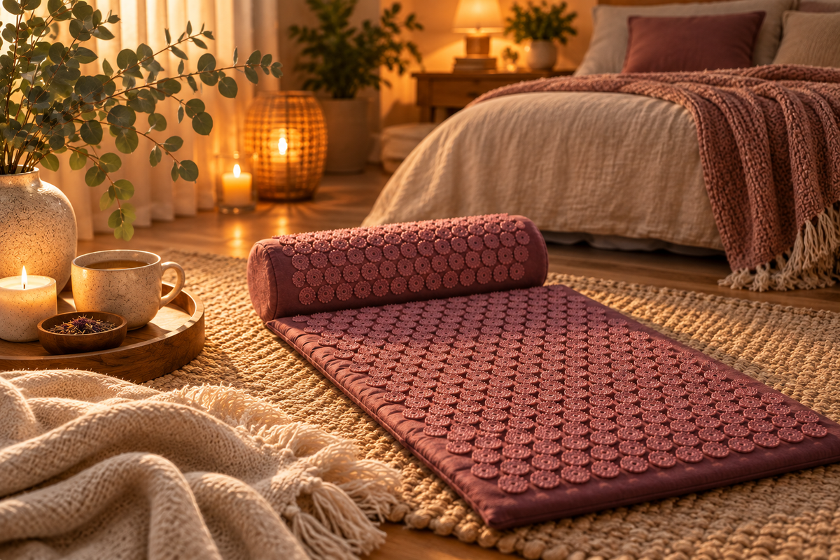 Loosn Unwind acupressure mat and pillow in a cozy bedroom