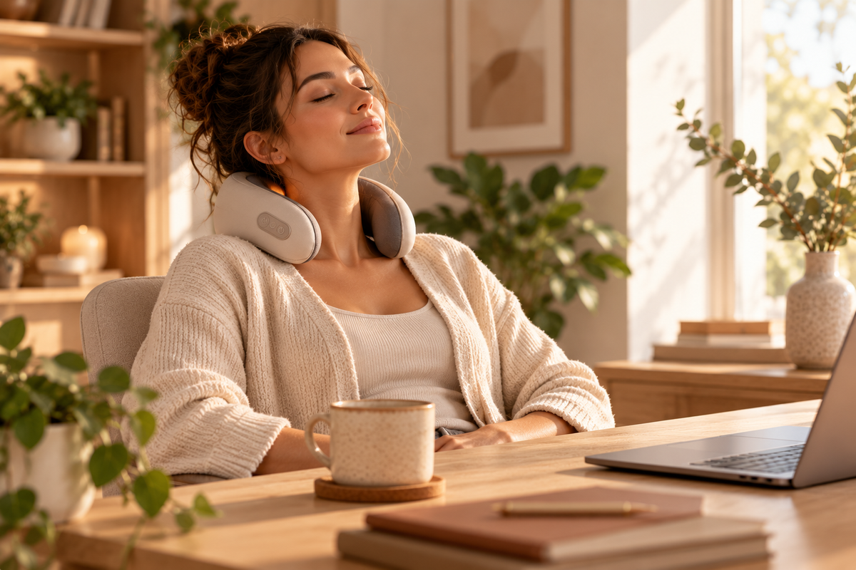Woman relaxing while wearing the Loosn Neck Reset heated massager