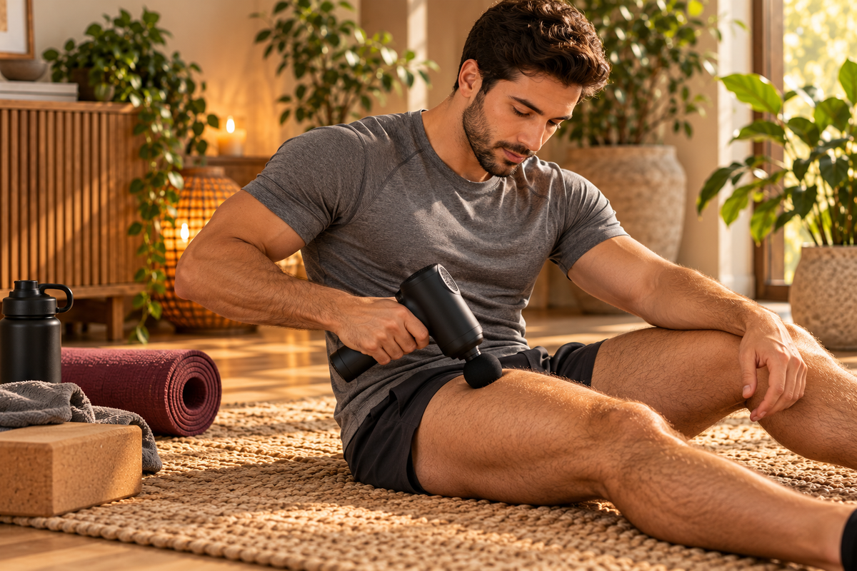 Man using the Loosn Pro massage gun for muscle recovery